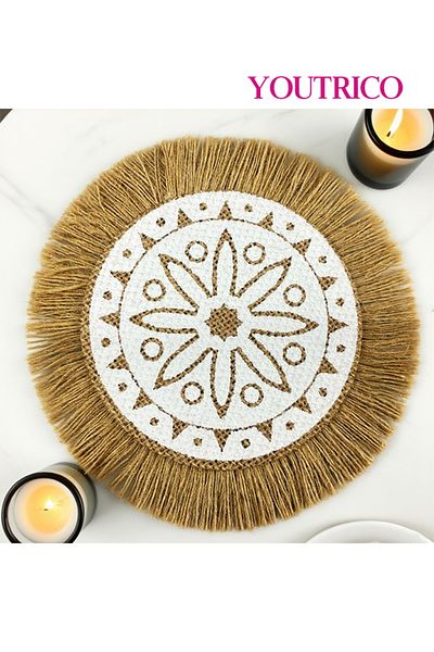 Youtrico Placemats, plate coasters, waterproof, woven jute, Nordic style, tassels,12-17cm