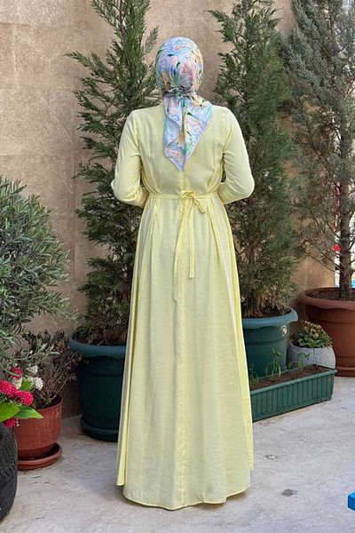Bym Fashion Waist Belted Sleeve Zipper Detailed Dress 6041 Yellow