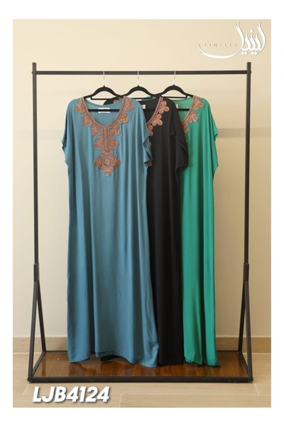 LINELLE فستان جلابية نسائي من الرايون - فستان ماكسي مع رقعة تطريز باللون البن...