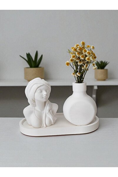 Minima Art Studio El Yapımı Kadın Büst ve Mini Vazo Dekoratif Set – Oval Tepsili 3’lü Takım