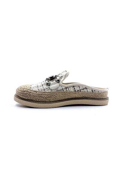 Guja 24K308 Women's Jute Straw Garnished Stone Plaid Patterned Closed-Front Slippers