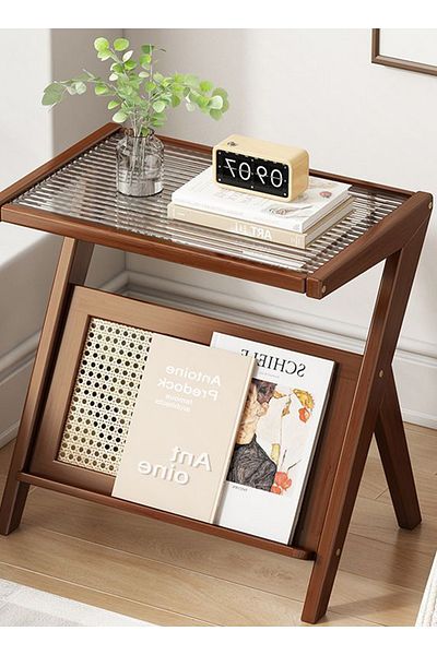 sharpdo Rattan Side Table, Mid Century Nightstand, Bamboo Accent Bedside Tables, Glass Coffee Tables
