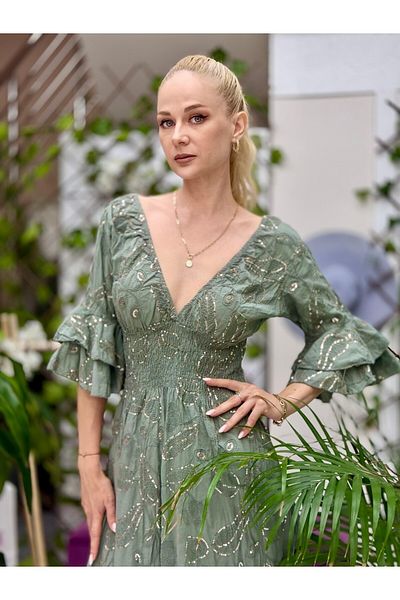 Punta Otantik Nc10995 Italian Sequined Waist Elastic Coton Dress Khaki