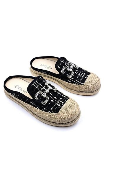 Guja 24K308 Women's Jute Straw Garnished Stone Plaid Patterned Closed-Front Slippers