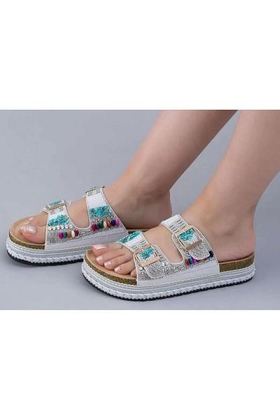 Guja 25Y103 Women's High Cork Sole Stone Double Tape Slippers