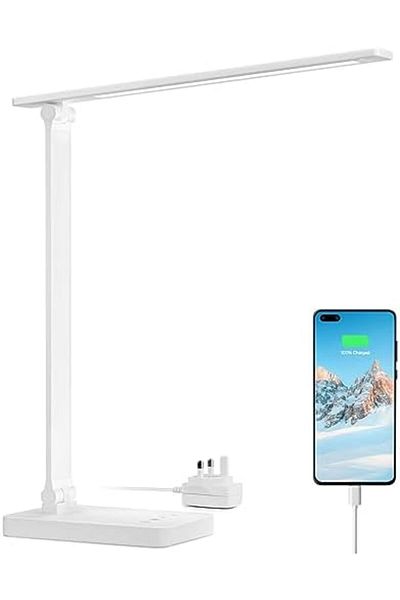 LEPRO LED Desk Lamp with USB Charging Port, Dimmable Daylight Lamp, 5 Brightness Levels x 3 Colour M