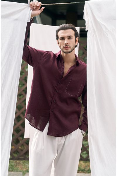BOHEMAİ Ανδρικό πουκάμισο Oversize Ombretta Claret Red Linen