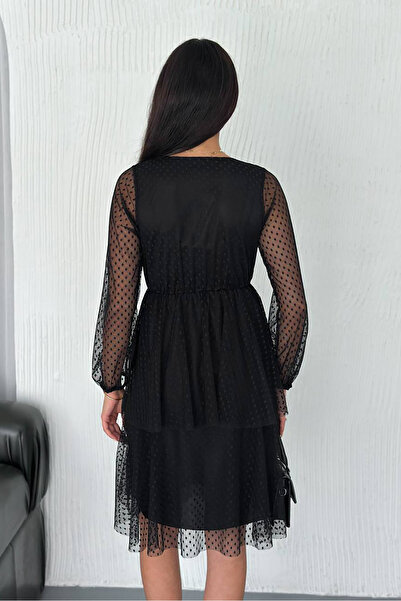 Neşeli Butik kadın siyah puantiyeli katkat tül elbise NBK054