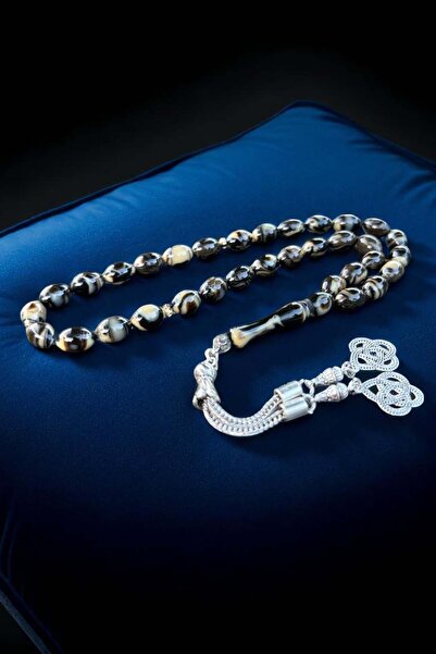 Atolyezone Siyah Beyaz Beyrut Damla Kehribar Tesbih, Kehribar Tespih Gümüş Ka...