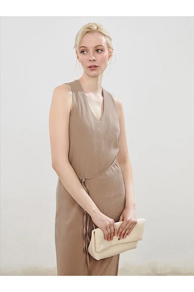 LC Waikiki Soulife Beige V-Neck Textured Belted Dress