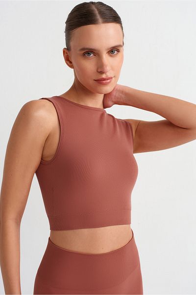 COMEUP Rib Textured Back Cross Crop Top with Chest Pad Clay Red