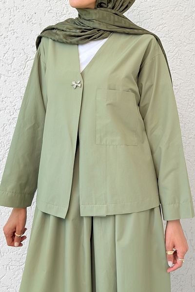 Salih Çelebi Set fustă cu butoane broșă 2342 - KHAKI