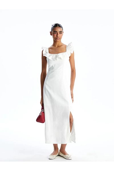 LC Waikiki Xside White Square Collar Linen Blended Women Dress