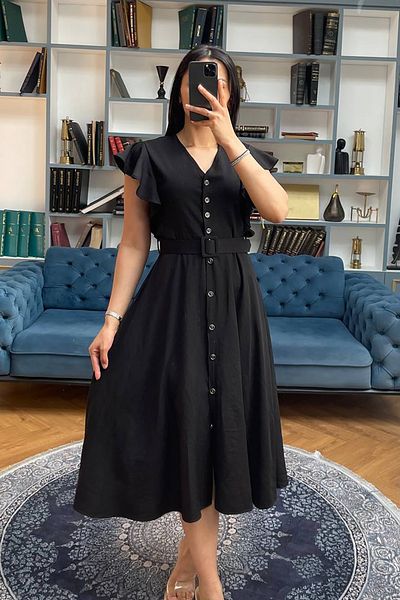 Neşeli Butik Women Black Ruffle Detail Midi Dress Nbmy3739