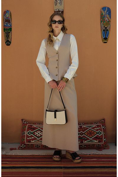 Fatma Atasoy Peplum Linen Stone Vest Skirt Suit