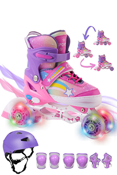 Sportaj Star Rainbow Lighted Girl's Skating Helmet and Knee Pad Set Silicone Wheel Adjustable Carrying