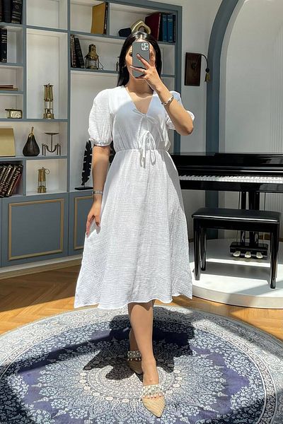 Neşeli Butik Women White Muslin Fabric Summer Dress Nbmy3753