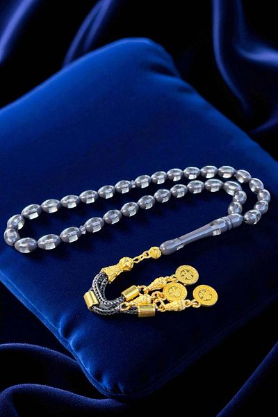 Atolyezone Gray Vermeil Powder Amber Prayer Beads, Amber Rosary with Gold Plated Tassel