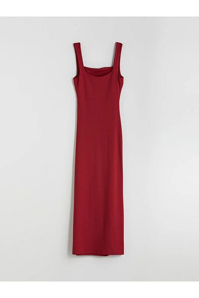 LC Waikiki Xside Burgundy Square Neck Gathered Bodycon Dress
