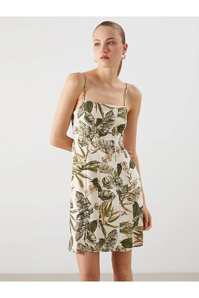 LC Waikiki Lcw Vision Green Square Neck Floral Linen Blend Mini Dress