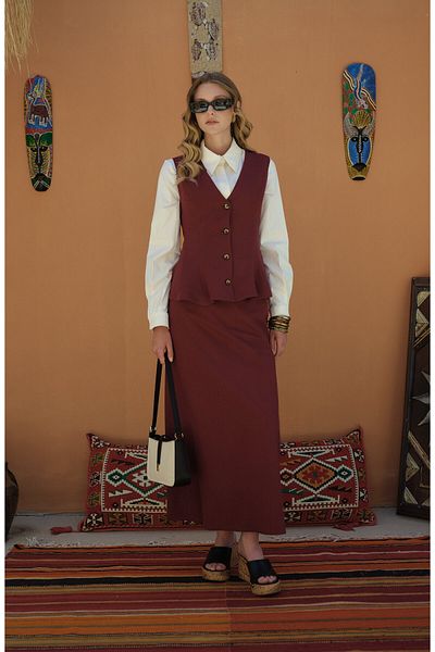 Fatma Atasoy Peplum Linen Burgundy Vest Skirt Suit
