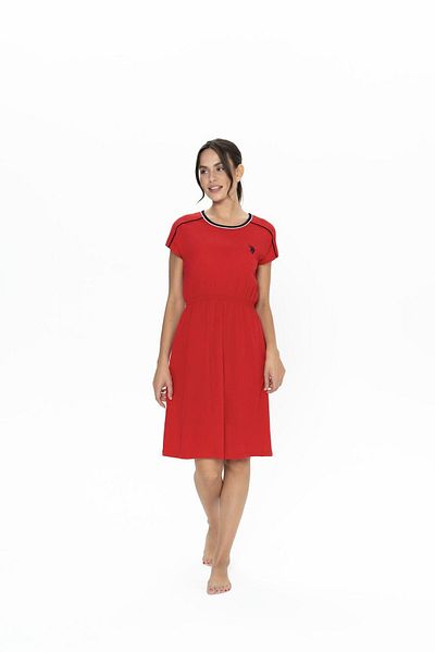 U.S. Polo Assn. Us Polo 100% Cotton, Women's Wide Round Neck, Drawstring Waist, Short Sleeve, Midi Nightdress