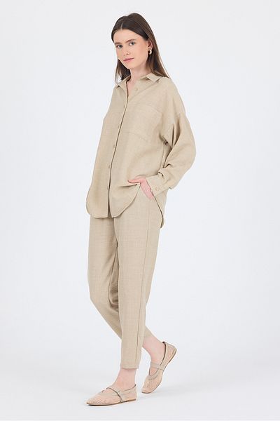 Rays Beige Shirt and Elastic Waist Trousers Double Set 4813A