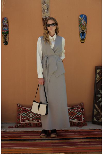 Fatma Atasoy Tie-Up Linen Gray Vest Skirt Suit