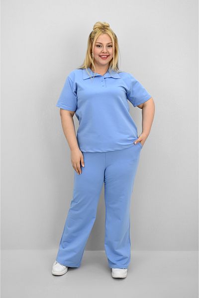Koza Butik Women's Plus Size Short Sleeve Polo Neck Tracksuit Set 8188-25