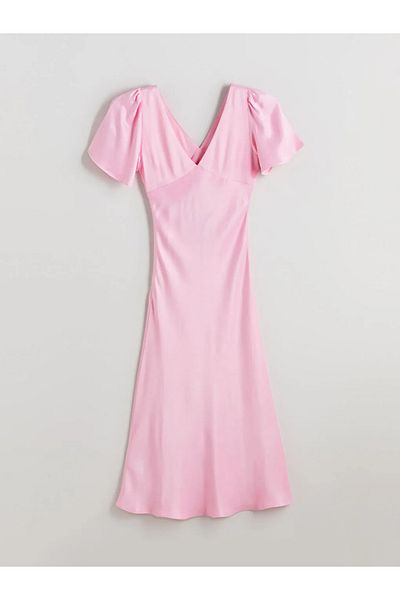 LC Waikiki Xside Pink V Neck Gathered Satin Dress