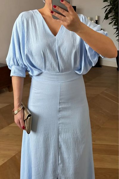 Neşeli Butik Baby Blue V-Neck Lycra Summer Dress Nbmy3579