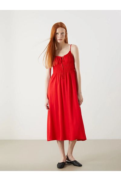 LC Waikiki Xside Red Tie-Up Neckline Suspender Smocked Dress