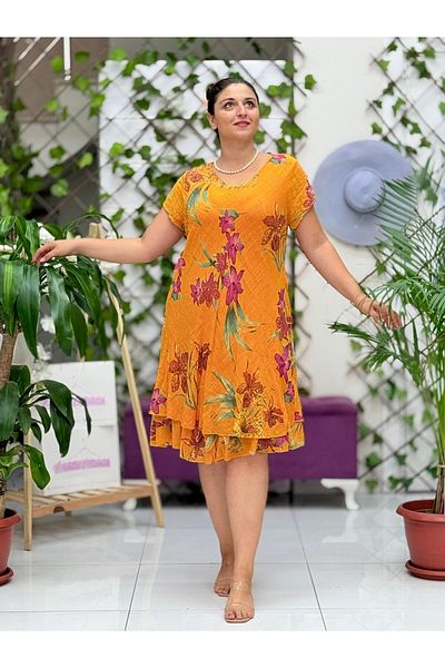 Punta Otantik Nc50123 Italian Short Sleeve Cotton Linen Dress Orange