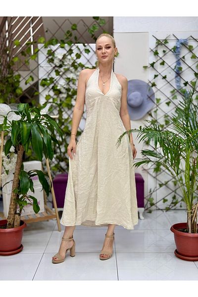 Punta Otantik Nc14968 Italian Neck Tie Backless Linen Dress Cream