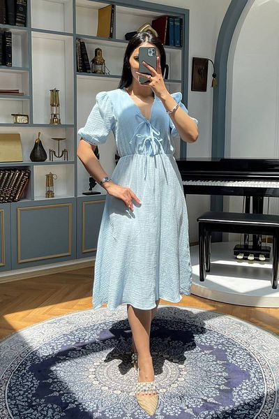 Neşeli Butik Women's Blue Muslin Fabric Summer Dress Nbmy3753
