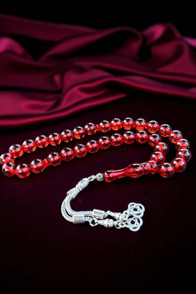 Atolyezone Kırmızı Çay Fosilli Toz Kehribar Tesbih, Kehribar Tespih Gümüş Kap...