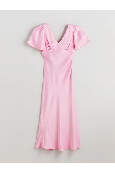 LC Waikiki Xside Pink V Neck Gathered Satin Dress