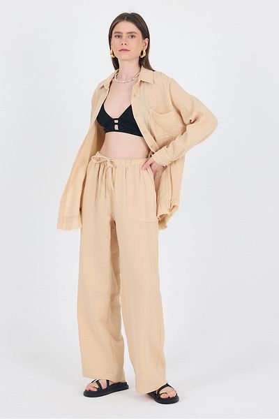 Rays Beige Linen Look 100% Cotton Pocket Wide Leg Trousers 8054A