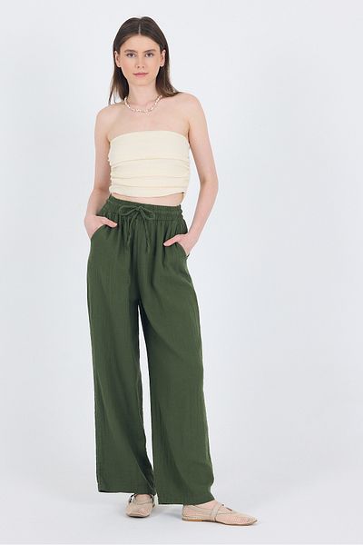 Rays Khaki 100% Cotton Muslin Palazzo/Loose Leg Pants 8056A