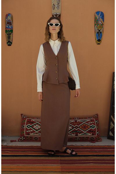 Fatma Atasoy Peplum Linen Brown Vest Skirt Suit