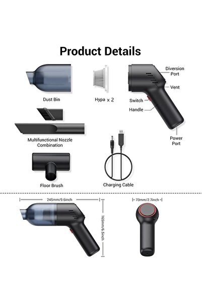 fulina 9000PA Handheld Vacuum Cleaner,Cordless Rechargeable,with Strong Suction,Wet Dry for Car,Home