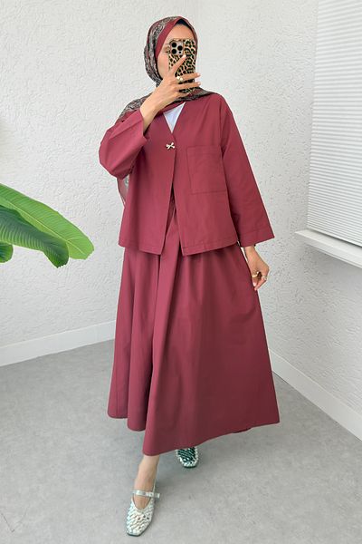 Salih Çelebi Σετ Φούστα με Κουμπί Καρφίτσας 2342 - Claret Red