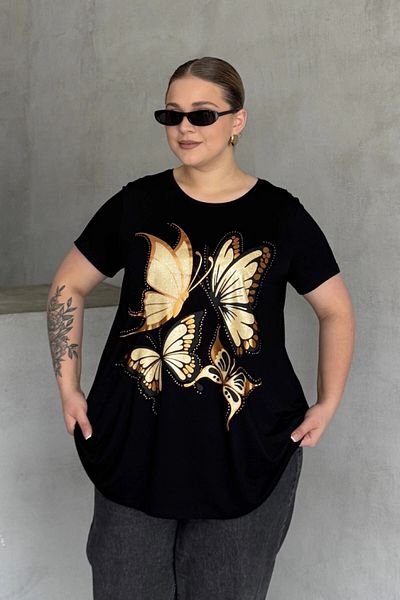 Stil Diva Large Size Butterfly Printed Shiny Glitter T-Shirt 302275