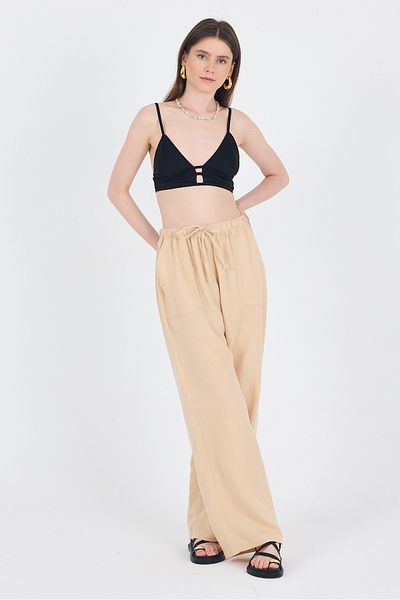 Rays Beige Linen Look 100% Cotton Pocket Wide Leg Trousers 8054A