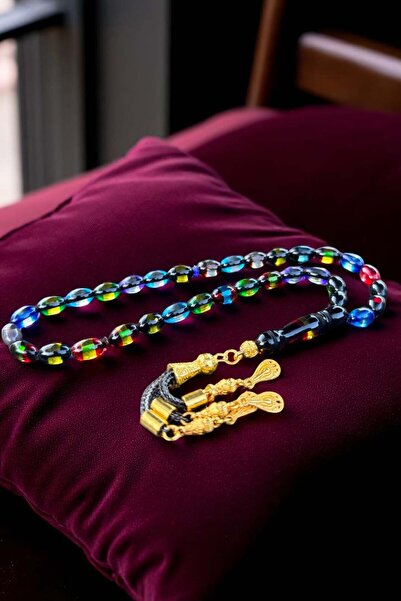 Atolyezone Rengarenk Bonibon Sürmeli Toz Kehribar Tesbih, Kehribar Tespih Altın Kaplama Püsküllü