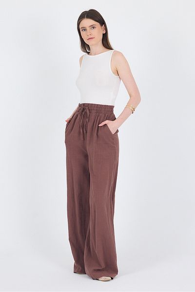 Rays Brown Linen Look 100% Cotton Wide Leg Trousers 3040