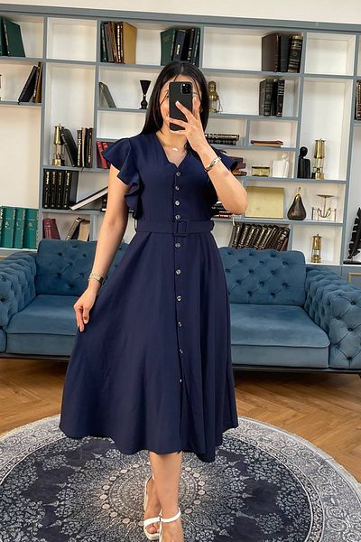 Neşeli Butik Women's Navy Blue Ruffle Detail Midi Dress Nbmy3739