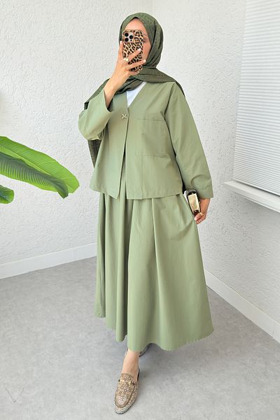 Salih Çelebi Set fustă cu butoane broșă 2342 - KHAKI