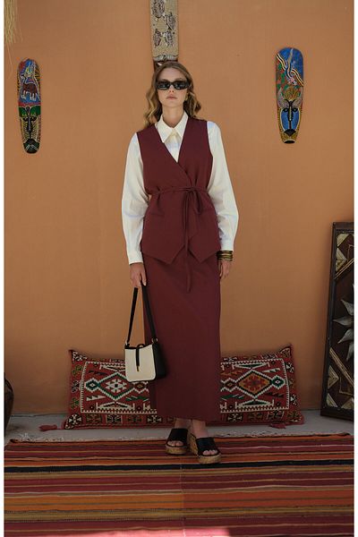 Fatma Atasoy Tie-Up Linen Burgundy Vest Skirt Suit