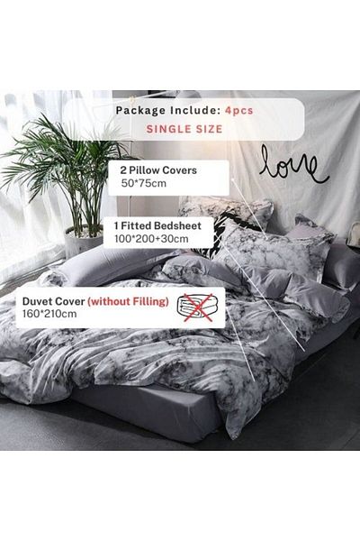 LUNA HOME Single size 4 pieces Bedding Set without filler, Marble Design Grey Color
